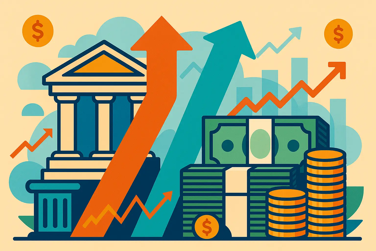 Abstract digital illustration showing gears, arrows, and stacks of money, symbolizing the intersection of change work, systems, and strategic investment.