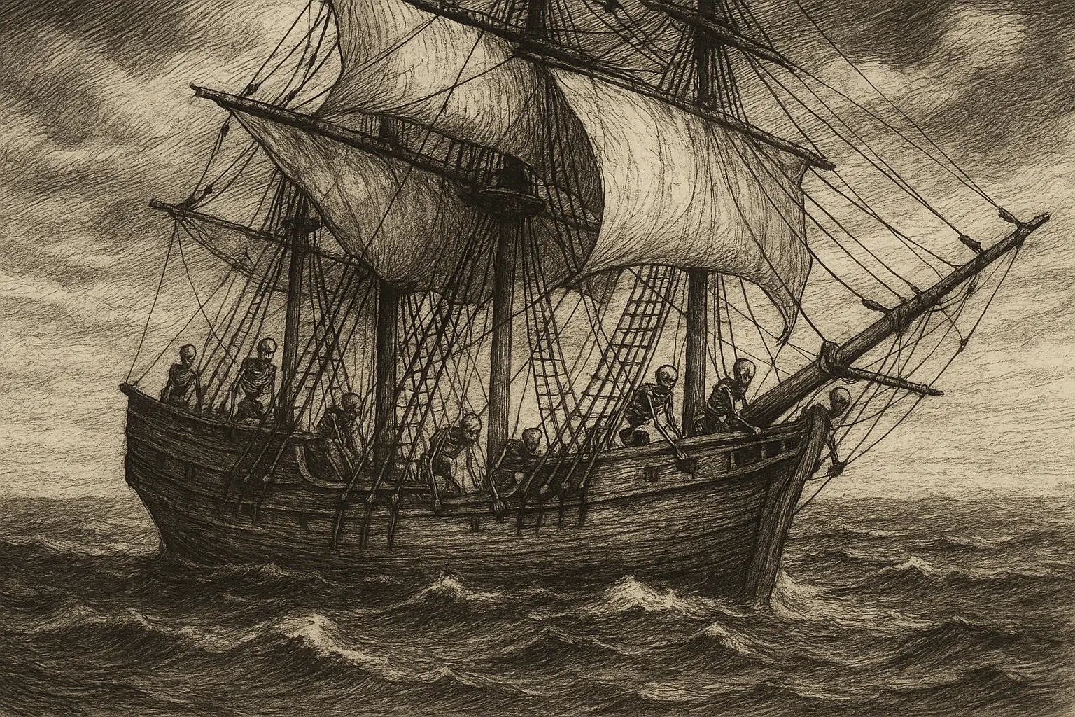 Sepia-toned illustration of a sailing ship at sea, crewed entirely by skeletons in tattered uniforms