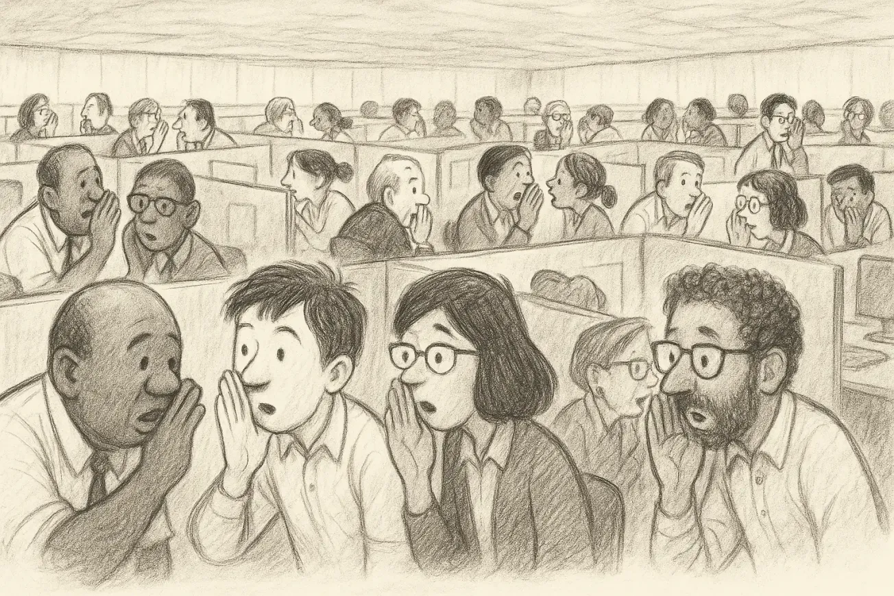 A pencil-style illustration in the mid-century children's book tradition shows a large office filled with cubicles.