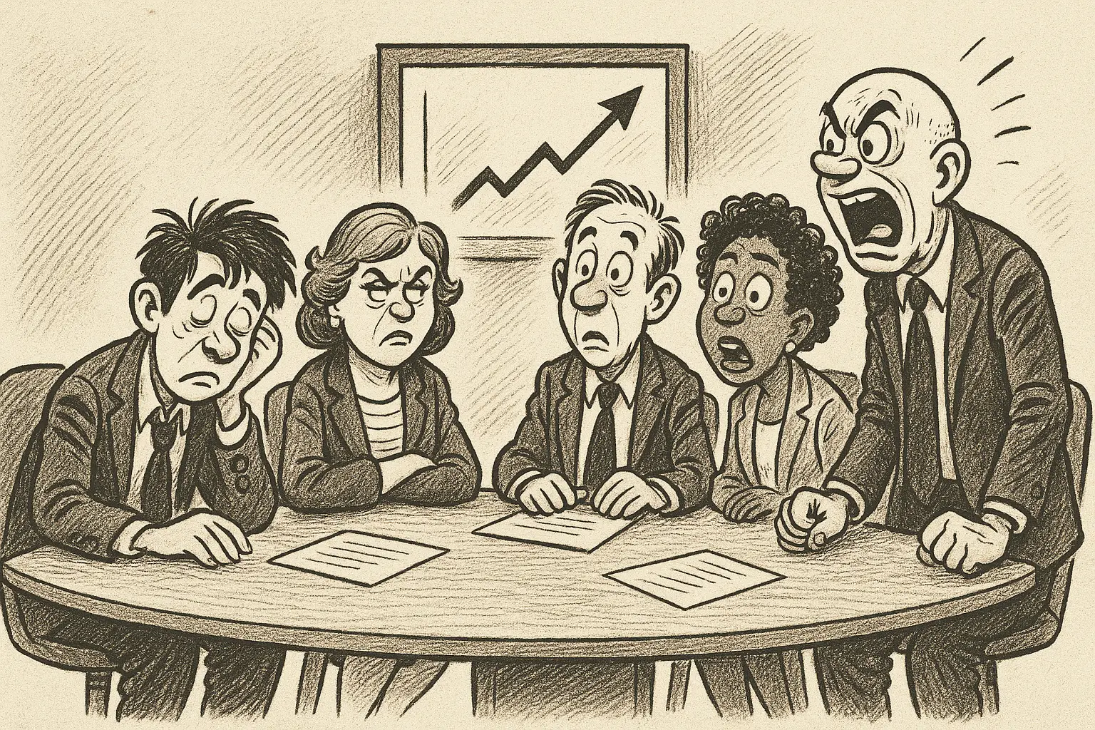 Black-and-white cartoon illustration of a tense boardroom meeting. Five people with exaggerated expressions—one sleepy, one annoyed, one confused, and two visibly anxious or angry.