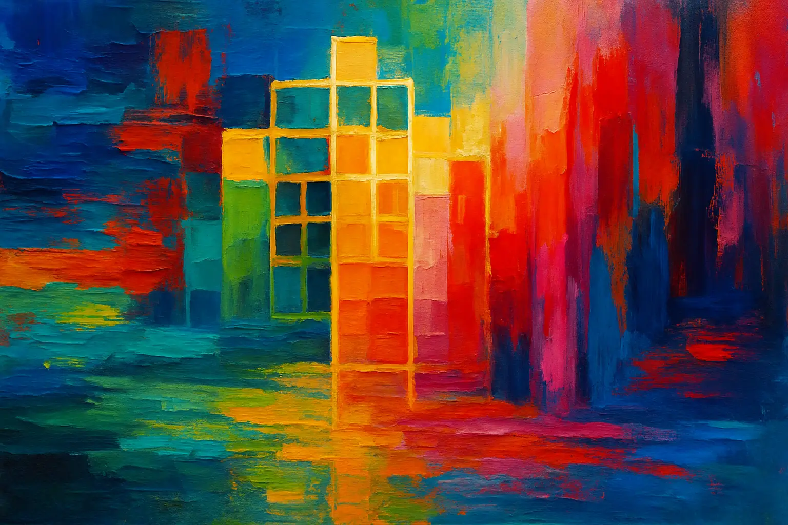Abstract acrylic painting featuring vivid, textured brushstrokes in red, orange, yellow, blue, green, and pink.