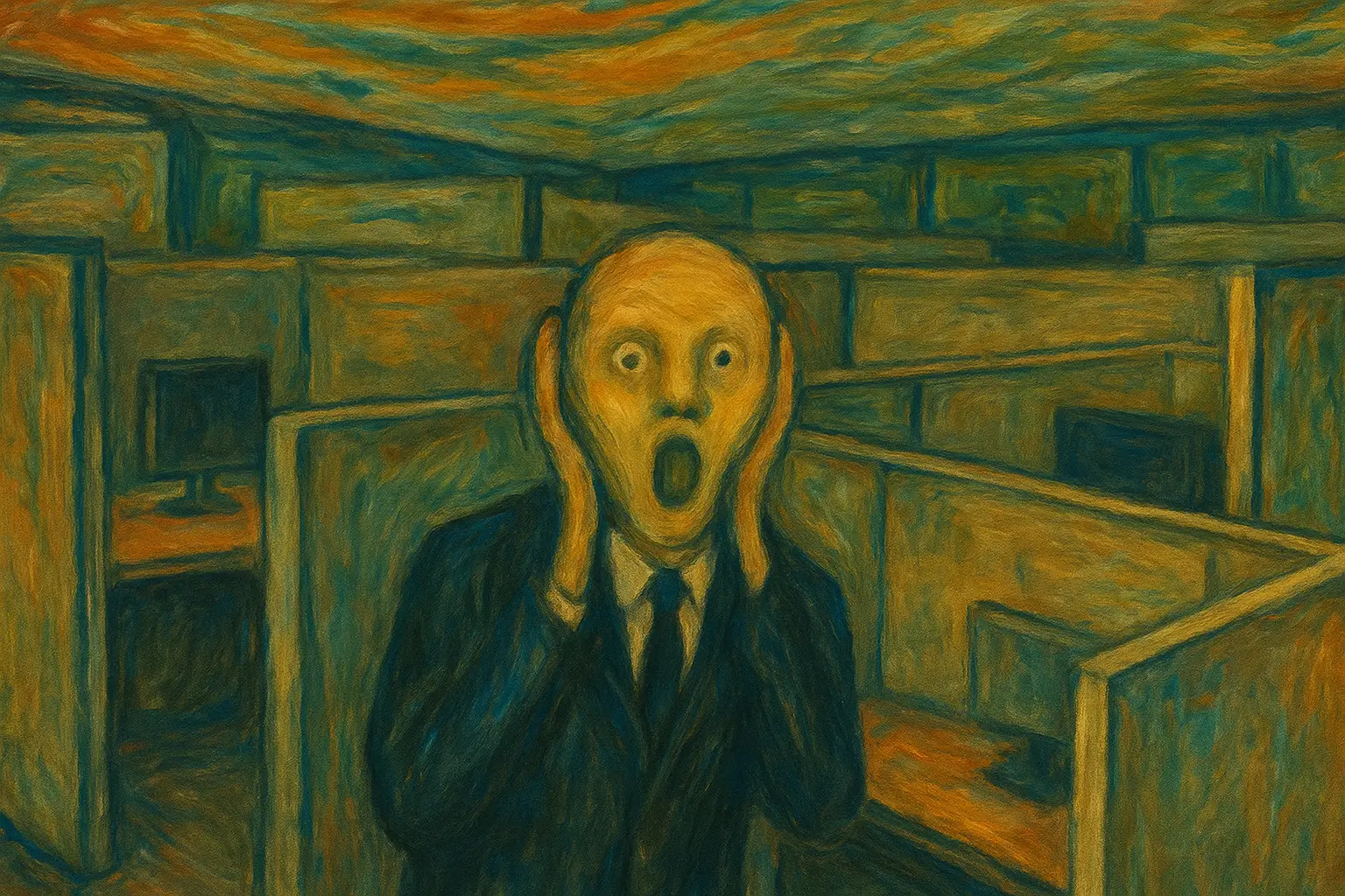 Expressionist-style painting of a distressed office worker in a suit and tie, standing in a maze of cubicles with a screaming expression