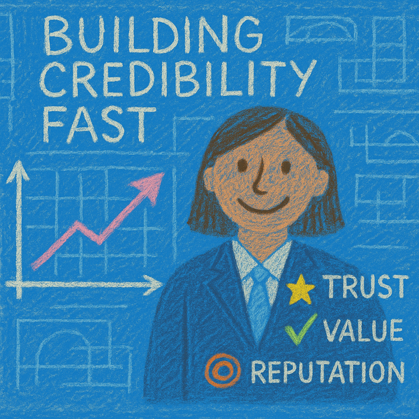 Crayon-style blueprint drawing on blue paper showing simple buildings and stick figures, symbolizing planning and early-stage credibility building.