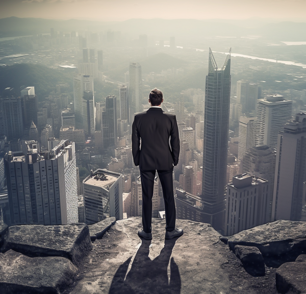 A man in a business suit stands on a rocky cliff overlooking a vast modern cityscape, symbolizing leadership, ambition, and the journey from solo work to enterprise-level impact.