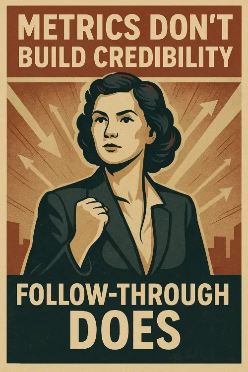 Vintage-style propaganda poster showing a determined woman in workwear with bold text that reads 'Metrics Don't Build Credibility' and 'Follow-Through Does.'