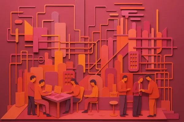 Illustration of a stylized, colorful workplace with five people collaborating amid a complex network of abstract structures