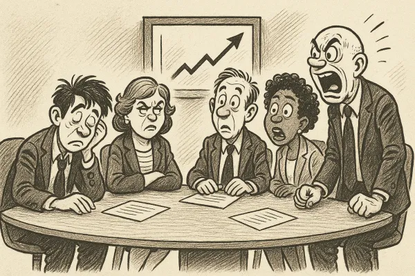Black-and-white cartoon illustration of a tense boardroom meeting. Five people with exaggerated expressions—one sleepy, one annoyed, one confused, and two visibly anxious or angry.
