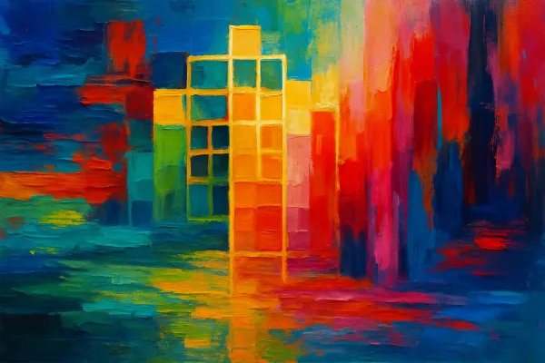 Abstract acrylic painting featuring vivid, textured brushstrokes in red, orange, yellow, blue, green, and pink.