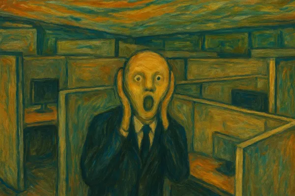 Expressionist-style painting of a distressed office worker in a suit and tie, standing in a maze of cubicles with a screaming expression
